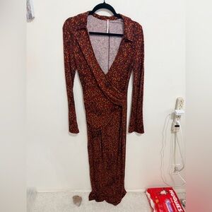 Free People Red and Brown Long Sleeve Wrap Dress